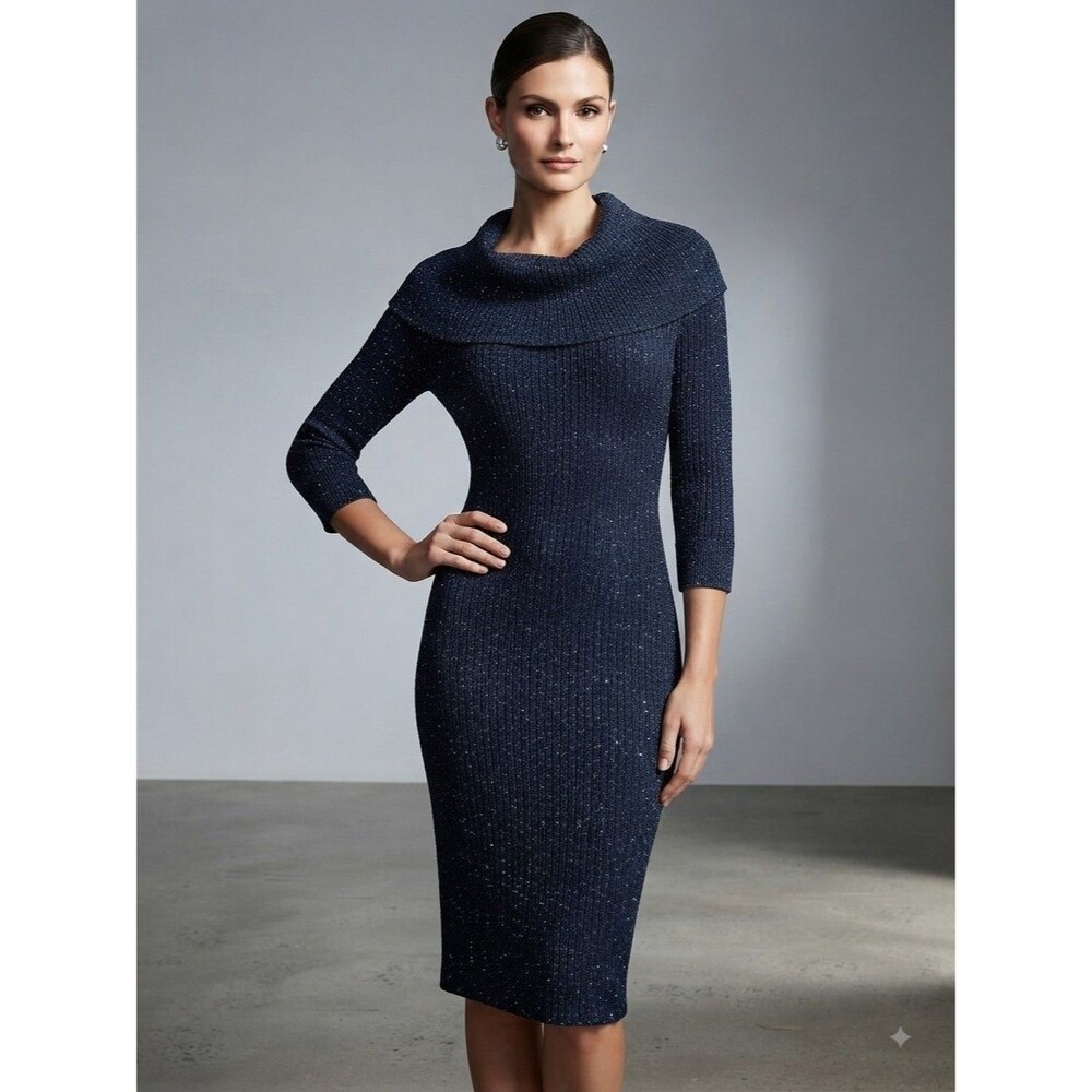 Nina Leonard Metallic Midnight Blue Cowl Neck Sweater Dress